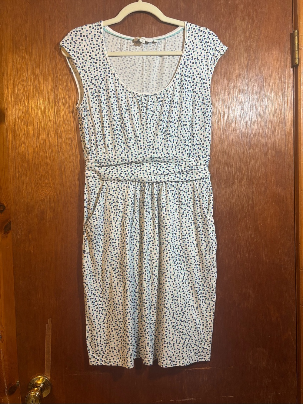 Boden White Midi Dress with Blue Dot Print